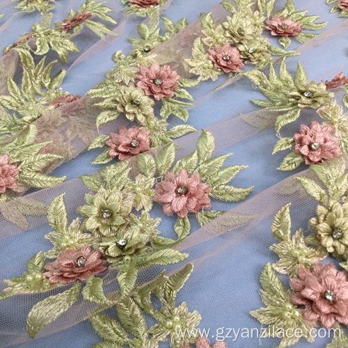 Green Flower Handwork Pearl Tulle Lace Fabric